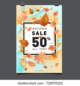 Vector autumn sale poster template with lettering. Bright fall leaves. brochure, card, label, banner design. Bright commercial background design. 