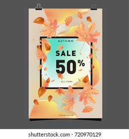 Vector autumn sale poster template with lettering. Bright fall leaves. brochure, card, label, banner design. Bright commercial background design. 