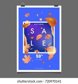 Vector autumn sale poster template with lettering. Bright fall leaves. brochure, card, label, banner design. Bright commercial background design. 