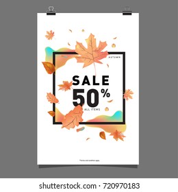 Vector autumn sale poster template with lettering. Bright fall leaves. brochure, card, label, banner design. Bright commercial background design. 