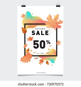 Vector autumn sale poster template with lettering. Bright fall leaves. brochure, card, label, banner design. Bright commercial background design. 