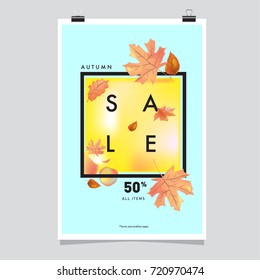 Vector autumn sale poster template with lettering. Bright fall leaves. brochure, card, label, banner design. Bright commercial background design. 