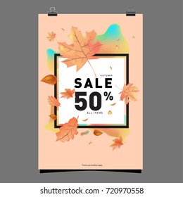 Vector autumn sale poster template with lettering. Bright fall leaves. brochure, card, label, banner design. Bright commercial background design. 