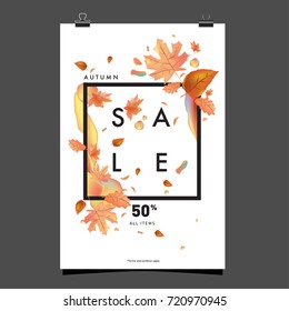 Vector autumn sale poster template with lettering. Bright fall leaves. brochure, card, label, banner design. Bright commercial background design. 