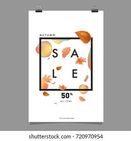 Vector autumn sale poster template with lettering. Bright fall leaves. brochure, card, label, banner design. Bright commercial background design. 