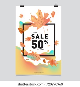 Vector autumn sale poster template with lettering. Bright fall leaves. brochure, card, label, banner design. Bright commercial background design. 