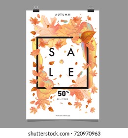 Vector autumn sale poster template with lettering. Bright fall leaves. brochure, card, label, banner design. Bright commercial background design. 