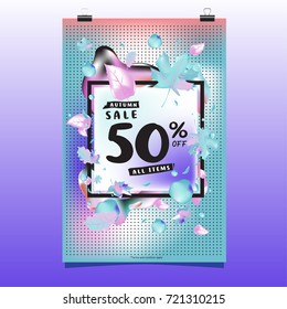 Vector autumn sale poster template with lettering. Bright fall leaves. brochure, card, label, banner design. Bright commercial background design. 