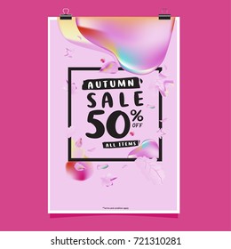 Vector autumn sale poster template with lettering. Bright fall leaves. brochure, card, label, banner design. Bright commercial background design. 