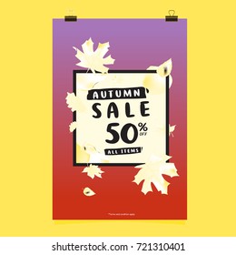 Vector autumn sale poster template with lettering. Bright fall leaves. brochure, card, label, banner design. Bright commercial background design. 