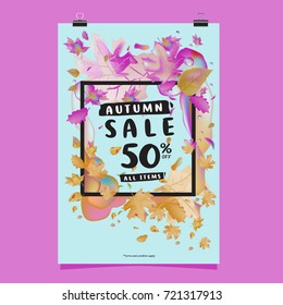 Vector autumn sale poster template with lettering. Bright fall leaves. brochure, card, label, banner design. Bright commercial background design. 
