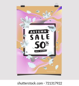 Vector autumn sale poster template with lettering. Bright fall leaves. brochure, card, label, banner design. Bright commercial background design. 