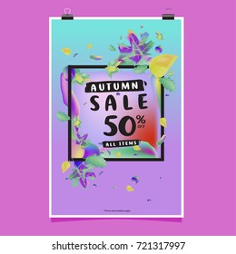 Vector autumn sale poster template with lettering. Bright fall leaves. brochure, card, label, banner design. Bright commercial background design. 