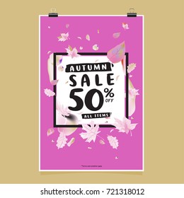 Vector autumn sale poster template with lettering. Bright fall leaves. brochure, card, label, banner design. Bright commercial background design. 