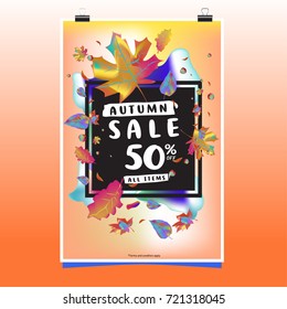 Vector autumn sale poster template with lettering. Bright fall leaves. brochure, card, label, banner design. Bright commercial background design. 
