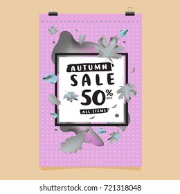 Vector autumn sale poster template with lettering. Bright fall leaves. brochure, card, label, banner design. Bright commercial background design. 