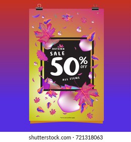 Vector autumn sale poster template with lettering. Bright fall leaves. brochure, card, label, banner design. Bright commercial background design. 