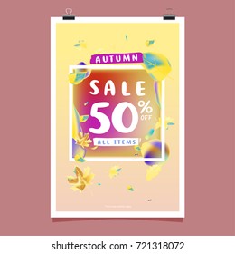 Vector autumn sale poster template with lettering. Bright fall leaves. brochure, card, label, banner design. Bright commercial background design. 