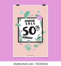 Vector autumn sale poster template with lettering. Bright fall leaves. brochure, card, label, banner design. Bright commercial background design. 