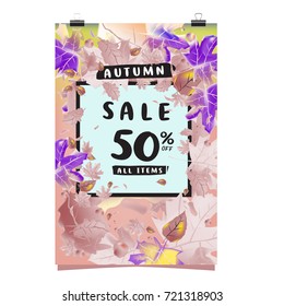 Vector autumn sale poster template with lettering. Bright fall leaves. brochure, card, label, banner design. Bright commercial background design. 