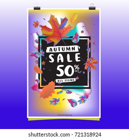 Vector autumn sale poster template with lettering. Bright fall leaves. brochure, card, label, banner design. Bright commercial background design. 
