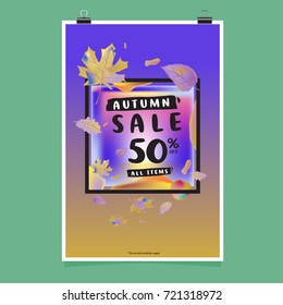 Vector autumn sale poster template with lettering. Bright fall leaves. brochure, card, label, banner design. Bright commercial background design. 