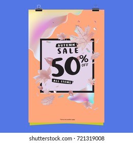 Vector autumn sale poster template with lettering. Bright fall leaves. brochure, card, label, banner design. Bright commercial background design. 