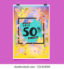 Vector autumn sale poster template with lettering. Bright fall leaves. brochure, card, label, banner design. Bright commercial background design. 