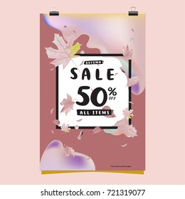 Vector autumn sale poster template with lettering. Bright fall leaves. brochure, card, label, banner design. Bright commercial background design. 