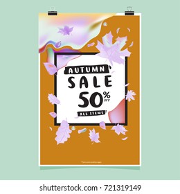 Vector autumn sale poster template with lettering. Bright fall leaves. brochure, card, label, banner design. Bright commercial background design. 