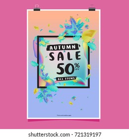 Vector autumn sale poster template with lettering. Bright fall leaves. brochure, card, label, banner design. Bright commercial background design. 