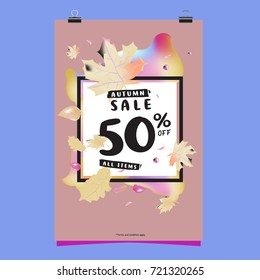 Vector autumn sale poster template with lettering. Bright fall leaves. brochure, card, label, banner design. Bright commercial background design. 