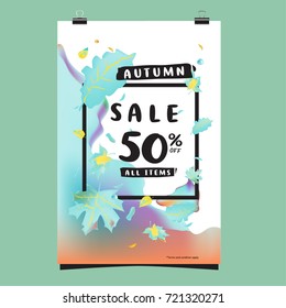 Vector autumn sale poster template with lettering. Bright fall leaves. brochure, card, label, banner design. Bright commercial background design. 