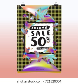 Vector autumn sale poster template with lettering. Bright fall leaves. brochure, card, label, banner design. Bright commercial background design. 
