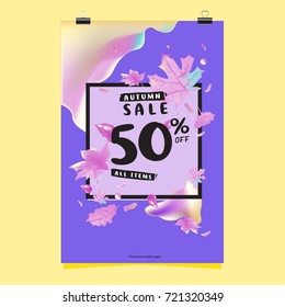 Vector autumn sale poster template with lettering. Bright fall leaves. brochure, card, label, banner design. Bright commercial background design. 