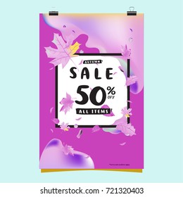 Vector autumn sale poster template with lettering. Bright fall leaves. brochure, card, label, banner design. Bright commercial background design. 