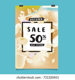 Vector autumn sale poster template with lettering. Bright fall leaves. brochure, card, label, banner design. Bright commercial background design. 