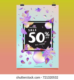 Vector autumn sale poster template with lettering. Bright fall leaves. brochure, card, label, banner design. Bright commercial background design. 