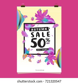 Vector autumn sale poster template with lettering. Bright fall leaves. brochure, card, label, banner design. Bright commercial background design. 