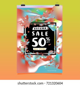 Vector autumn sale poster template with lettering. Bright fall leaves. brochure, card, label, banner design. Bright commercial background design. 