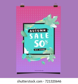 Vector autumn sale poster template with lettering. Bright fall leaves. brochure, card, label, banner design. Bright commercial background design. 