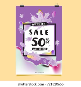 Vector autumn sale poster template with lettering. Bright fall leaves. brochure, card, label, banner design. Bright commercial background design. 