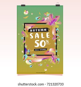 Vector autumn sale poster template with lettering. Bright fall leaves. brochure, card, label, banner design. Bright commercial background design. 