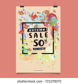 Vector autumn sale poster template with lettering. Bright fall leaves. brochure, card, label, banner design. Bright commercial background design. 