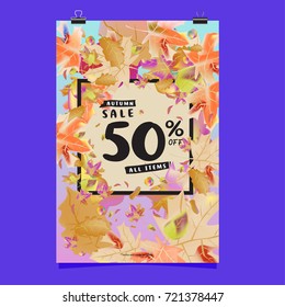 Vector autumn sale poster template with lettering. Bright fall leaves. brochure, card, label, banner design. Bright commercial background design. 