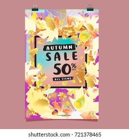 Vector autumn sale poster template with lettering. Bright fall leaves. brochure, card, label, banner design. Bright commercial background design. 