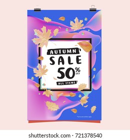 Vector autumn sale poster template with lettering. Bright fall leaves. brochure, card, label, banner design. Bright commercial background design. 