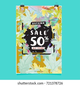 Vector autumn sale poster template with lettering. Bright fall leaves. brochure, card, label, banner design. Bright commercial background design. 