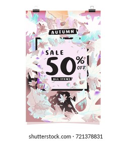 Vector autumn sale poster template with lettering. Bright fall leaves. brochure, card, label, banner design. Bright commercial background design. 