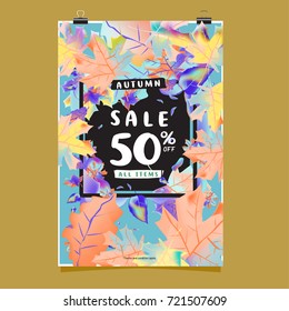 Vector autumn sale poster template with lettering. Bright fall leaves. brochure, card, label, banner design. Bright commercial background design. 